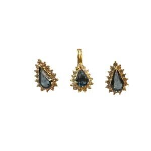 Vintage Teardrop Blue Crystal Gold-Tone Pendant and Matching Earrings Costume